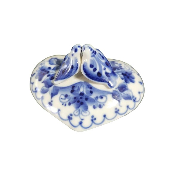 Trinket Dish 2 PC Porcelain Blue And White w/Doves Signed - Picture 1 of 4